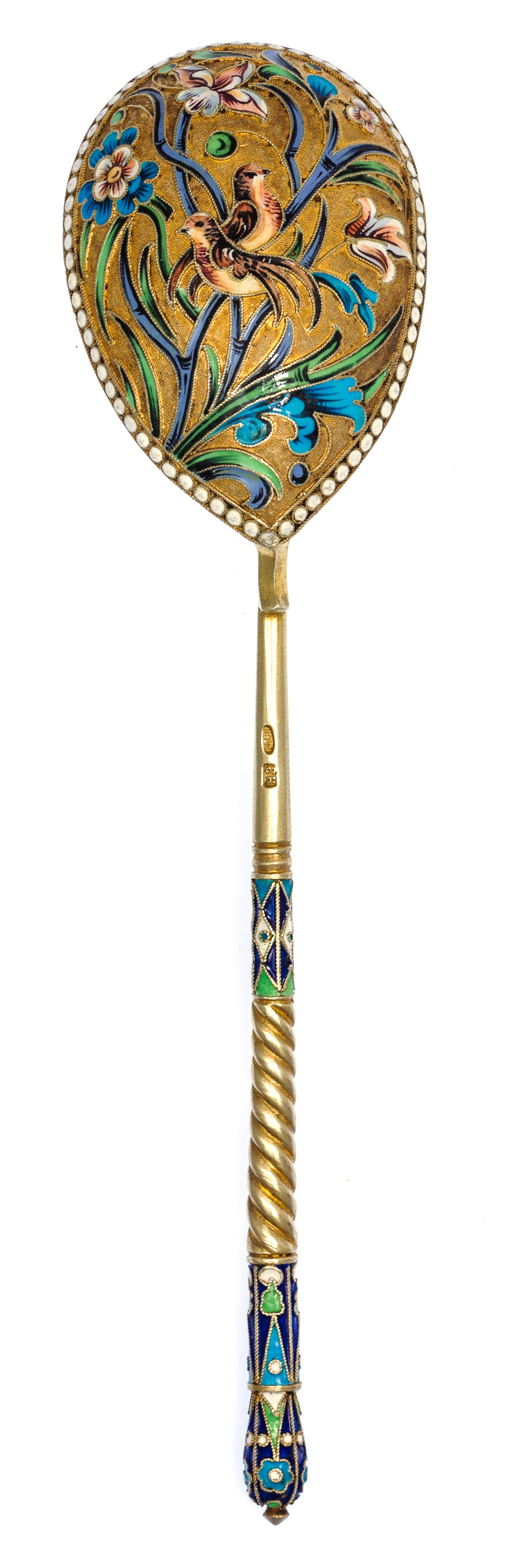 A Russian Silver-Gilt and Enamel Spoon, Mark of N. Zverev, kokoshnik mark of Ivan Lebedkin, Moscow, late 19th/early 20th century, havin