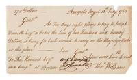 HANCOCK, John. Autographed note signed ("Accepted/Tho. Hancock"), to Thomas Hancock and Company Boston, Annapolis Royal, 12 July 1763.