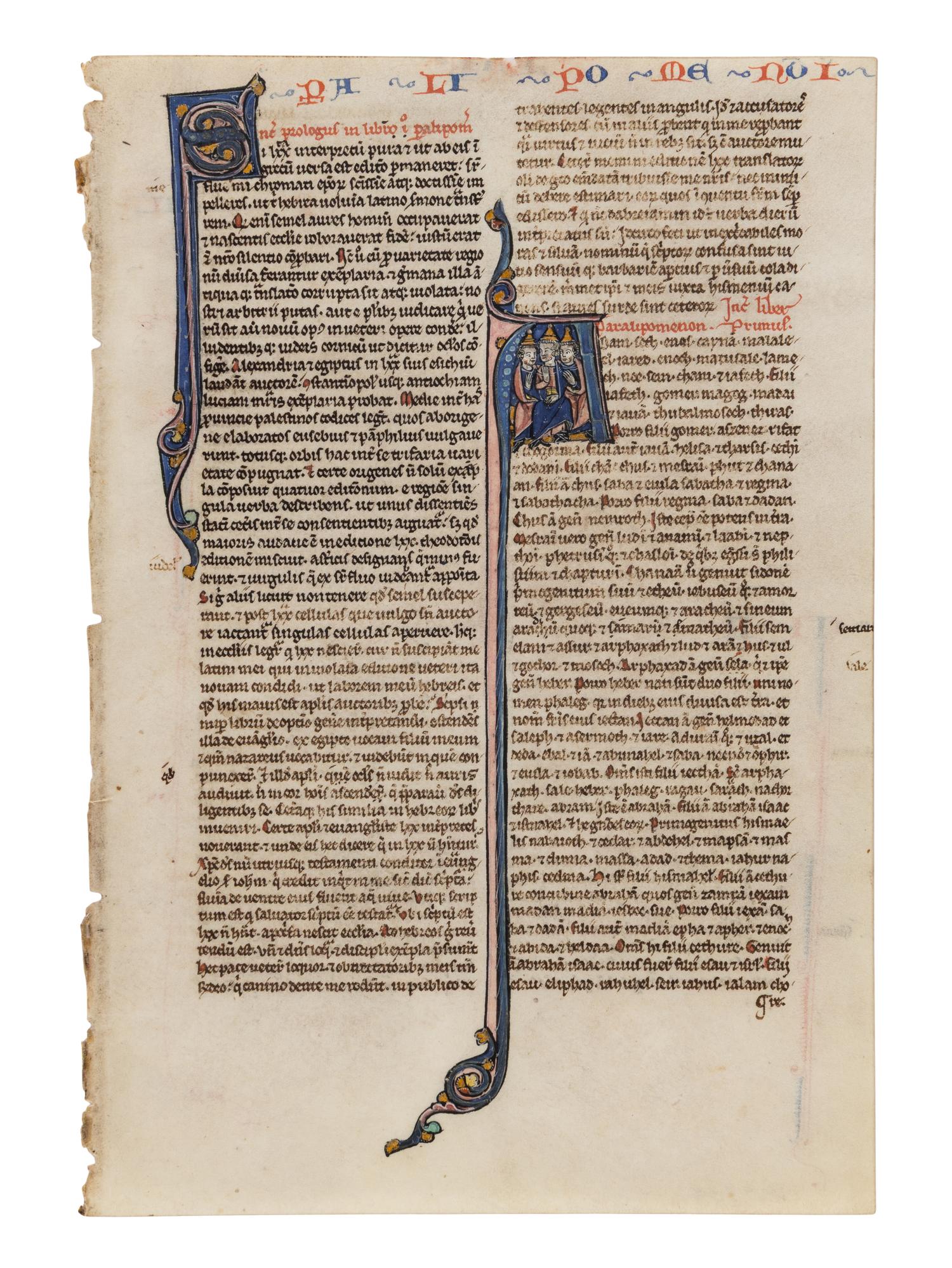 DOMINICAN PAINTER (active Paris, c. 1240–1260) Leaf book containing a leaf from a Parisian Bible, with historiated initial ‘P’ of the Kings of Israel, in Latin, illuminated manuscript on parchment [France, Paris, ca. 1240–1250]
