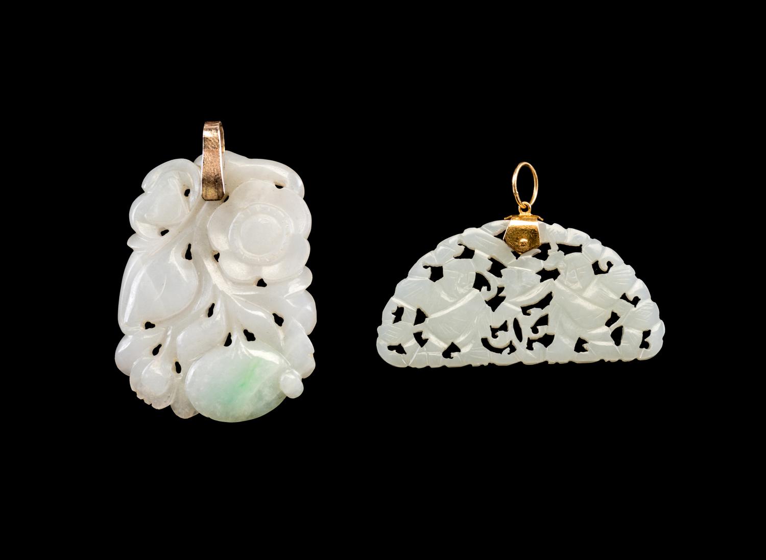 Two Chinese Reticulated Jade and Jadeite Pendants