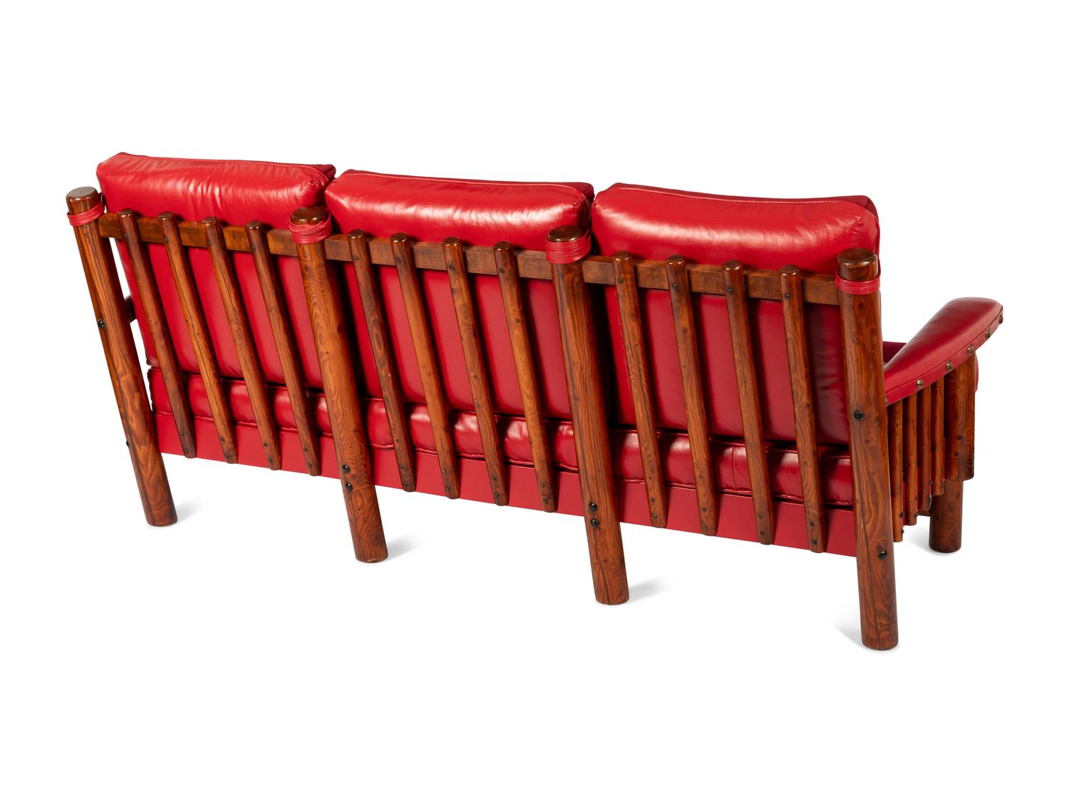 Spindle Sided Couch with leather and Chimayo Weavings, circa 1945