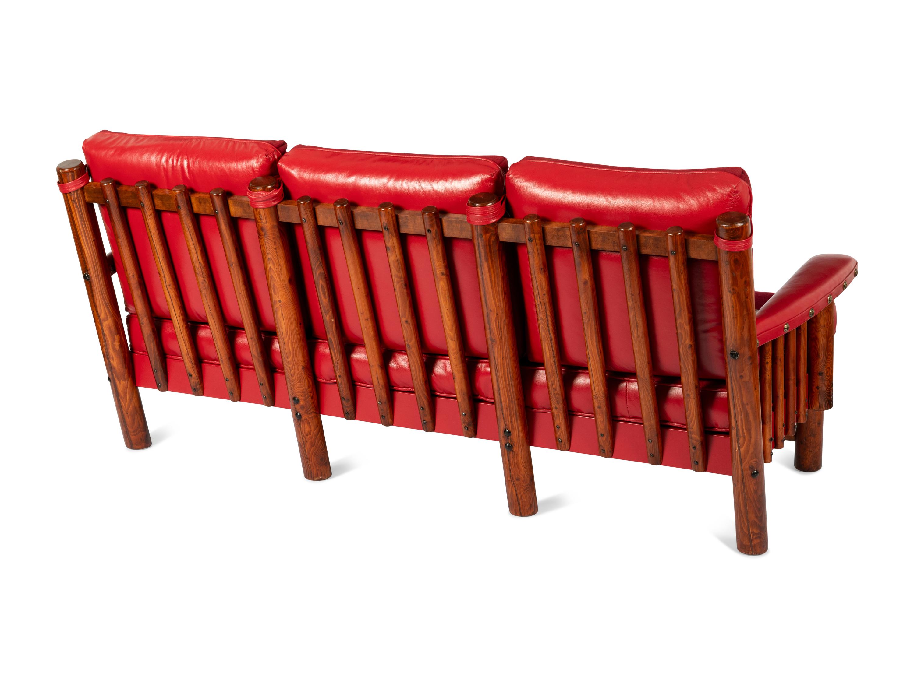 Spindle Sided Couch with leather and Chimayo Weavings, circa 1945