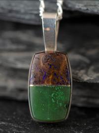Sterling Silver, Jade, and Boulder Opal Pendant, with 14K Gold Accent
