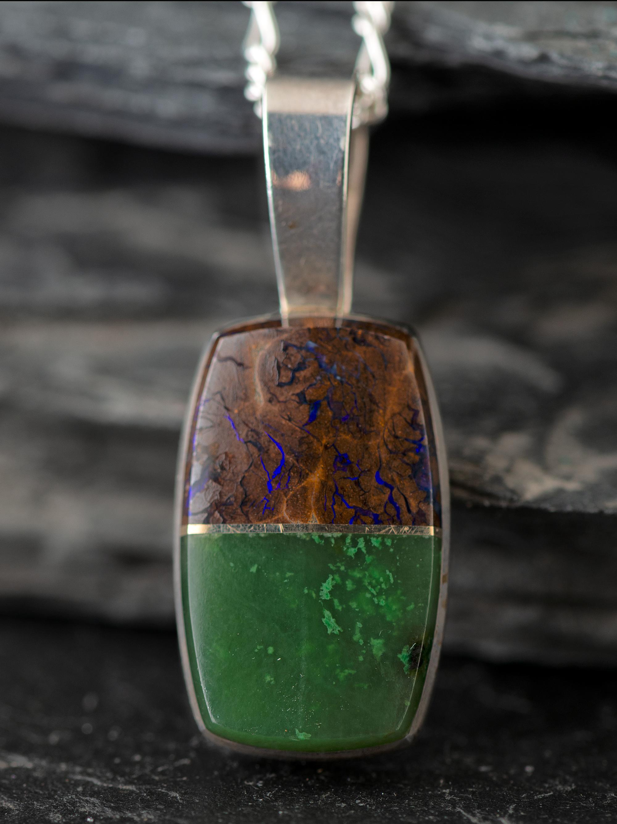 Sterling Silver, Jade, and Boulder Opal Pendant, with 14K Gold Accent