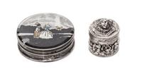 Two English Silver or Silver Mounted Boxes, 19th/20th Century, the larger a circular compact with a reverse painted figural scene, Birm