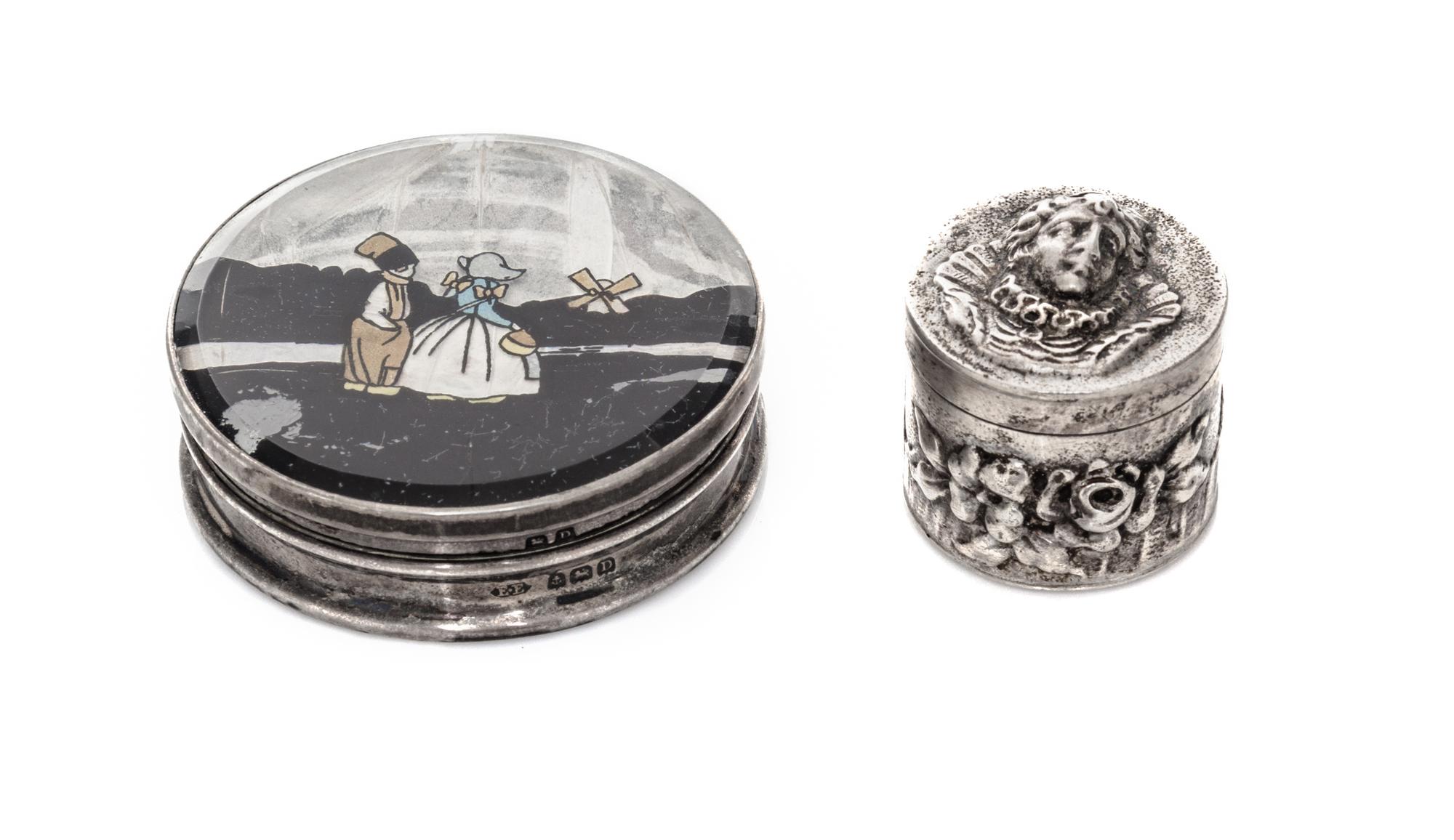 Two English Silver or Silver Mounted Boxes, 19th/20th Century, the larger a circular compact with a reverse painted figural scene, Birm