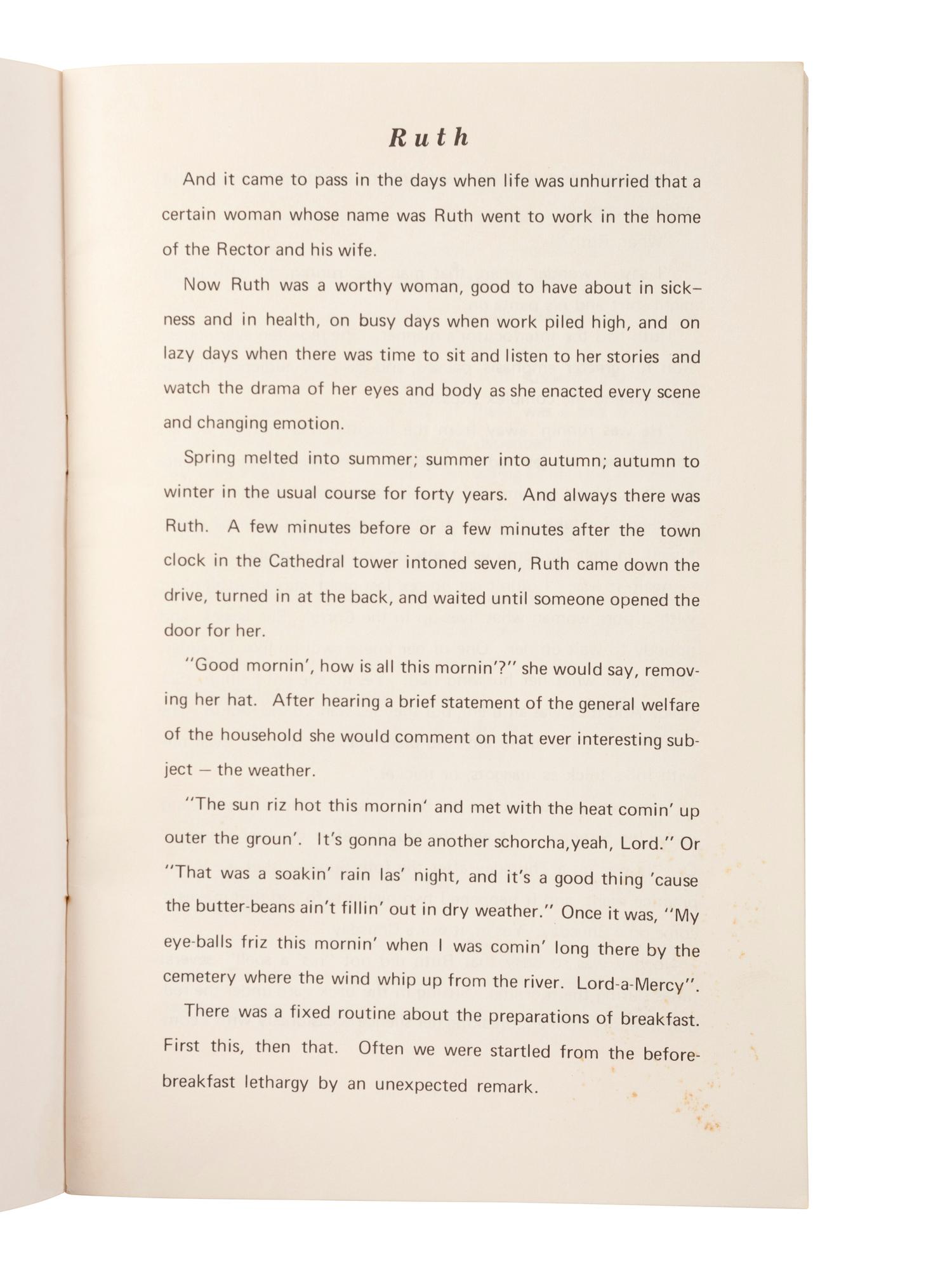 [OCCUPATIONAL]. KUEHNLE, Margaret Trigg, and CHANCE, Ruby Lee. Ruth . N.p., n.d., ca mid-19th century. Self-published tribute to housekeeper from Natchez, MS.