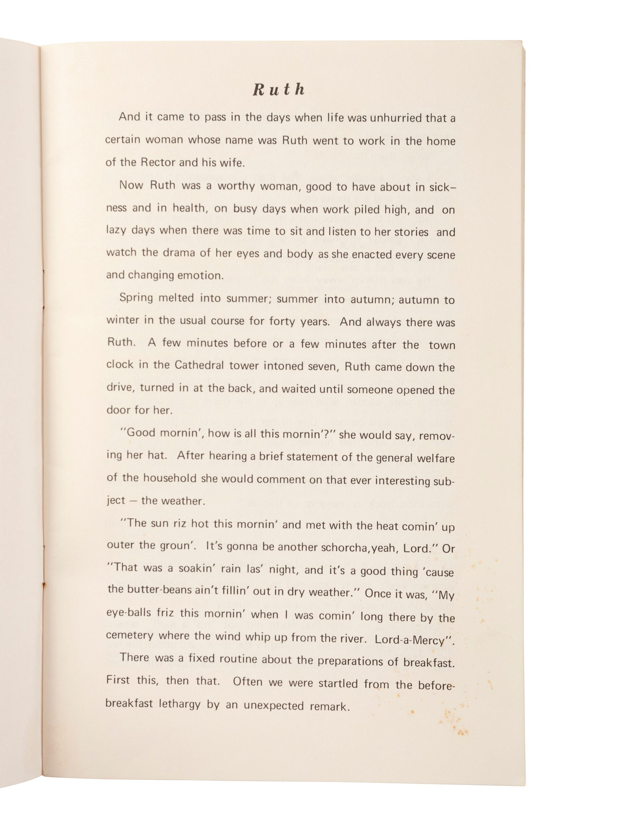 [OCCUPATIONAL]. KUEHNLE, Margaret Trigg, and CHANCE, Ruby Lee. Ruth . N.p., n.d., ca mid-19th century. Self-published tribute to housekeeper from Natchez, MS.