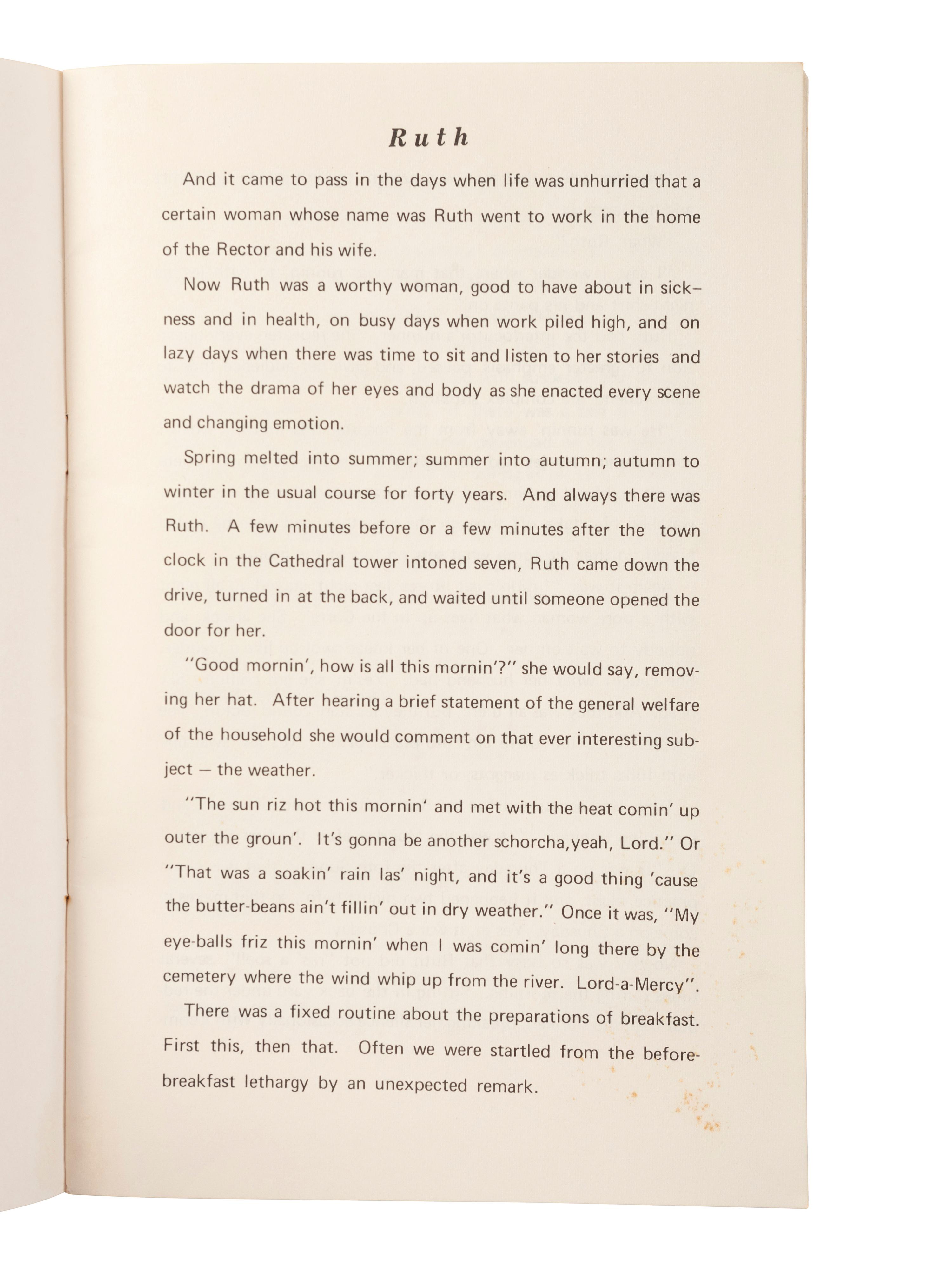 [OCCUPATIONAL]. KUEHNLE, Margaret Trigg, and CHANCE, Ruby Lee. Ruth . N.p., n.d., ca mid-19th century. Self-published tribute to housekeeper from Natchez, MS.
