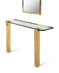 A Brass and Glass Console Table and Mirror