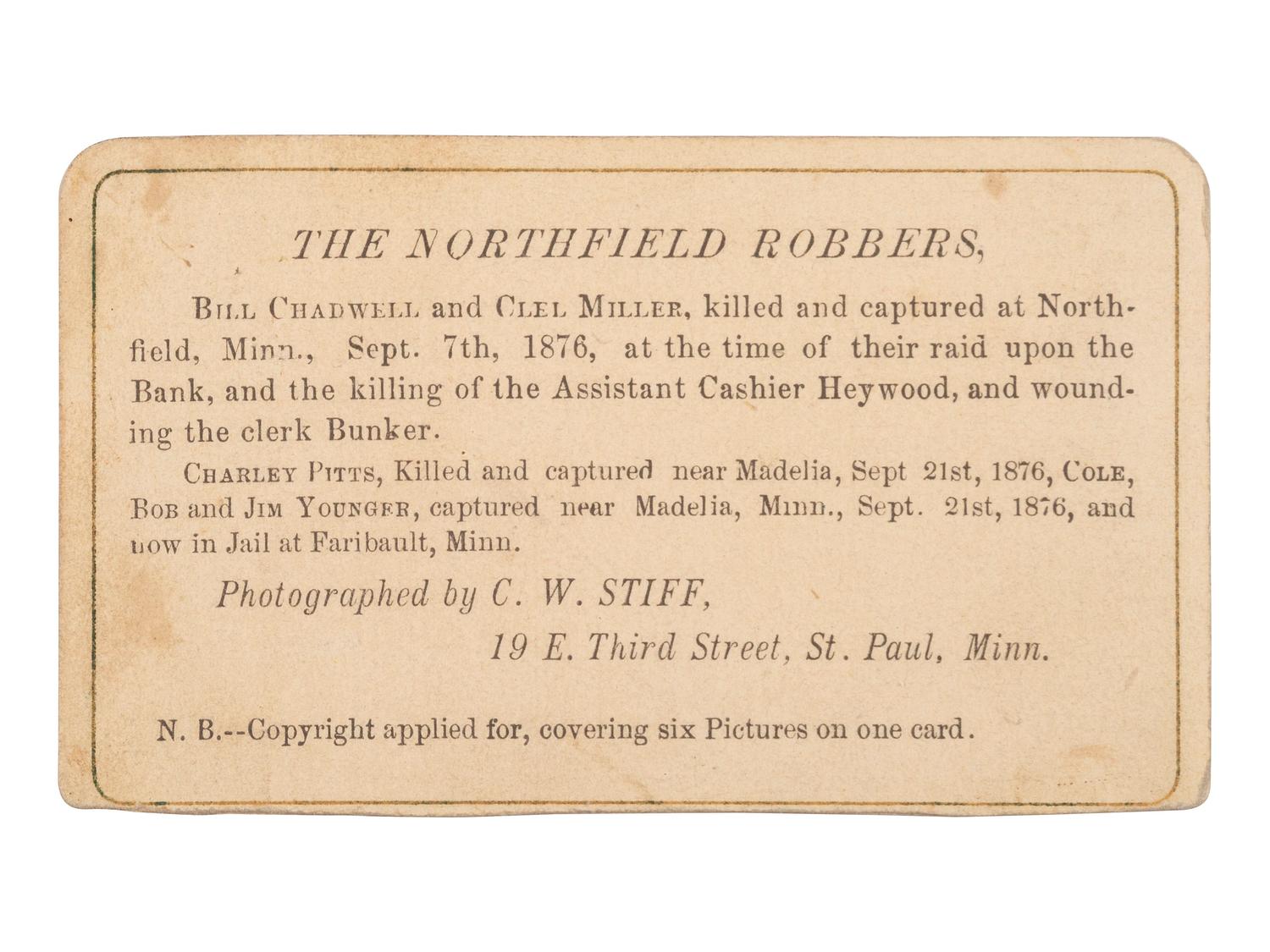 [OUTLAWS]. STIFF, C.W., photographer. Composite CDV of the Northfield Robbers. St. Paul, MN, n.d.