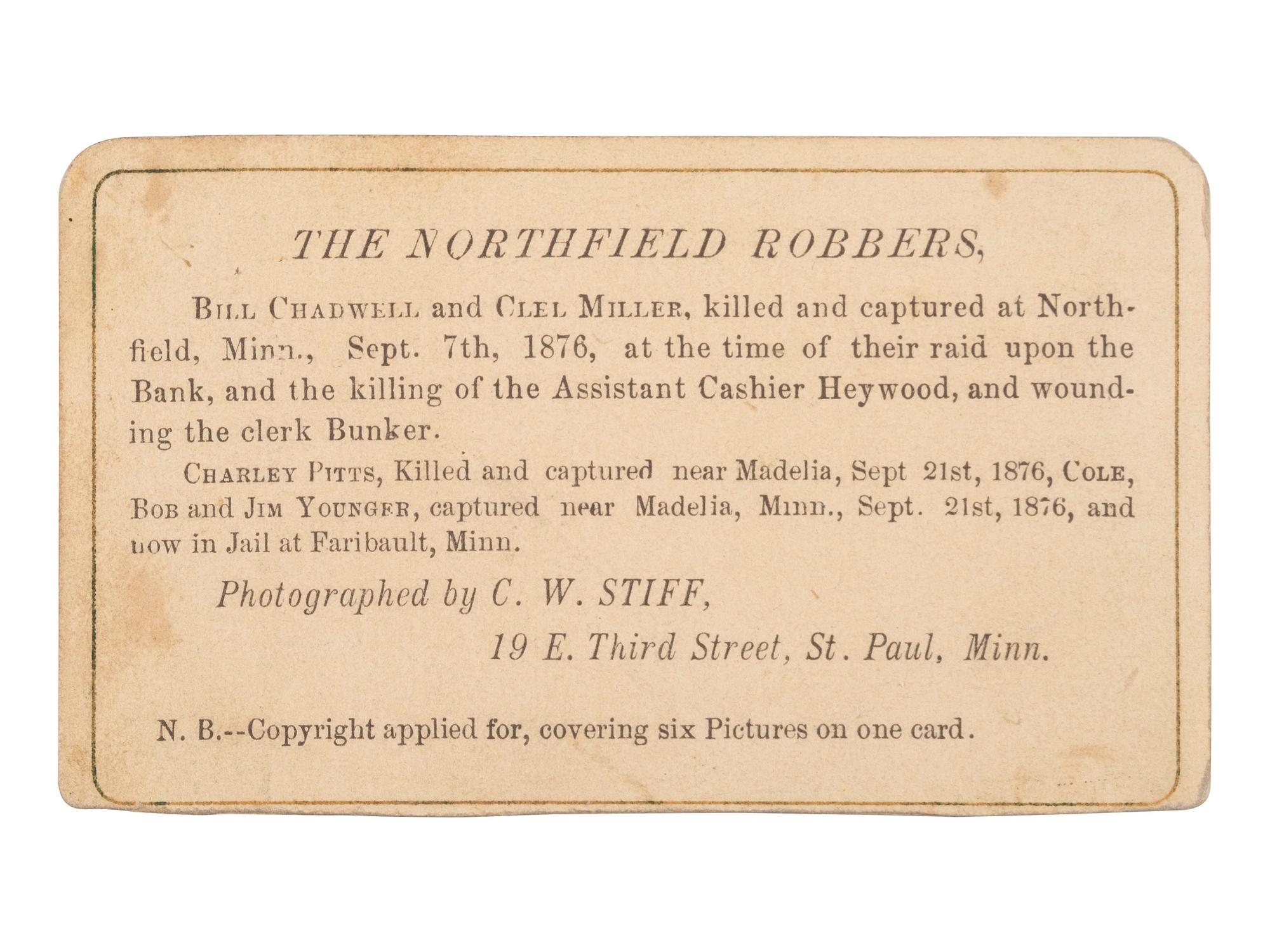 [OUTLAWS]. STIFF, C.W., photographer. Composite CDV of the Northfield Robbers. St. Paul, MN, n.d.