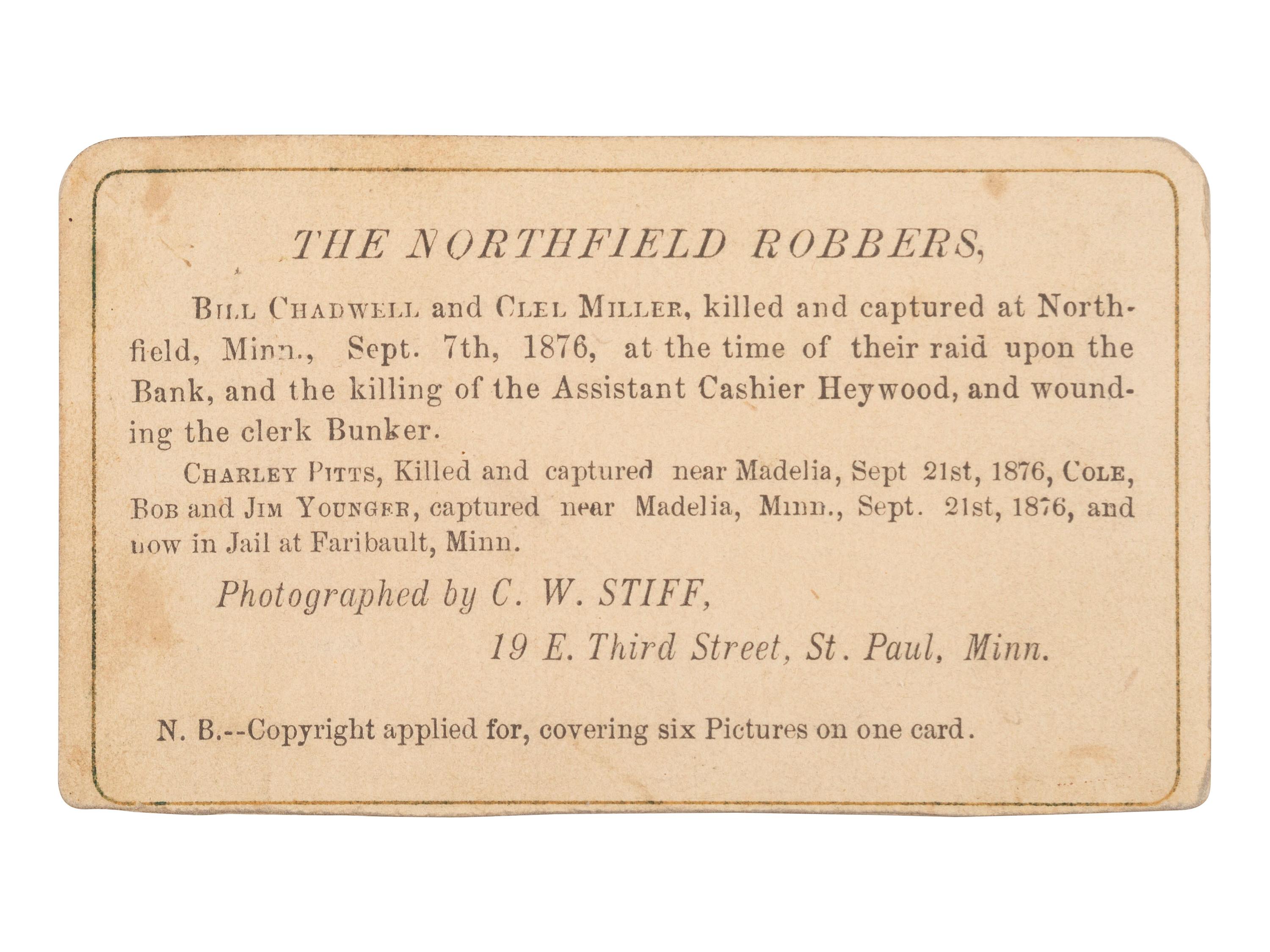 [OUTLAWS]. STIFF, C.W., photographer. Composite CDV of the Northfield Robbers. St. Paul, MN, n.d.