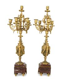 A Pair of French Gilt Bronze and Marble Urn-Form Six-Light Candelabra