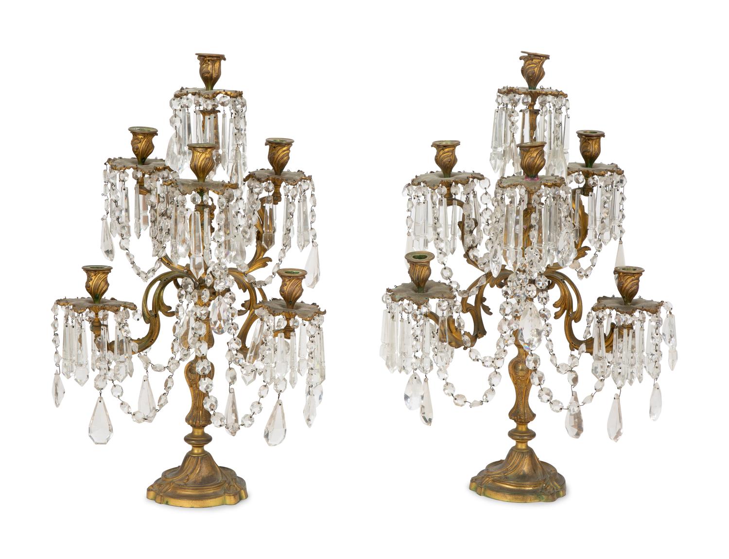 A Pair of Rococo Style Gilt Bronze and Cut Glass Swag Three-Light Candelabra — 20TH CENTURY