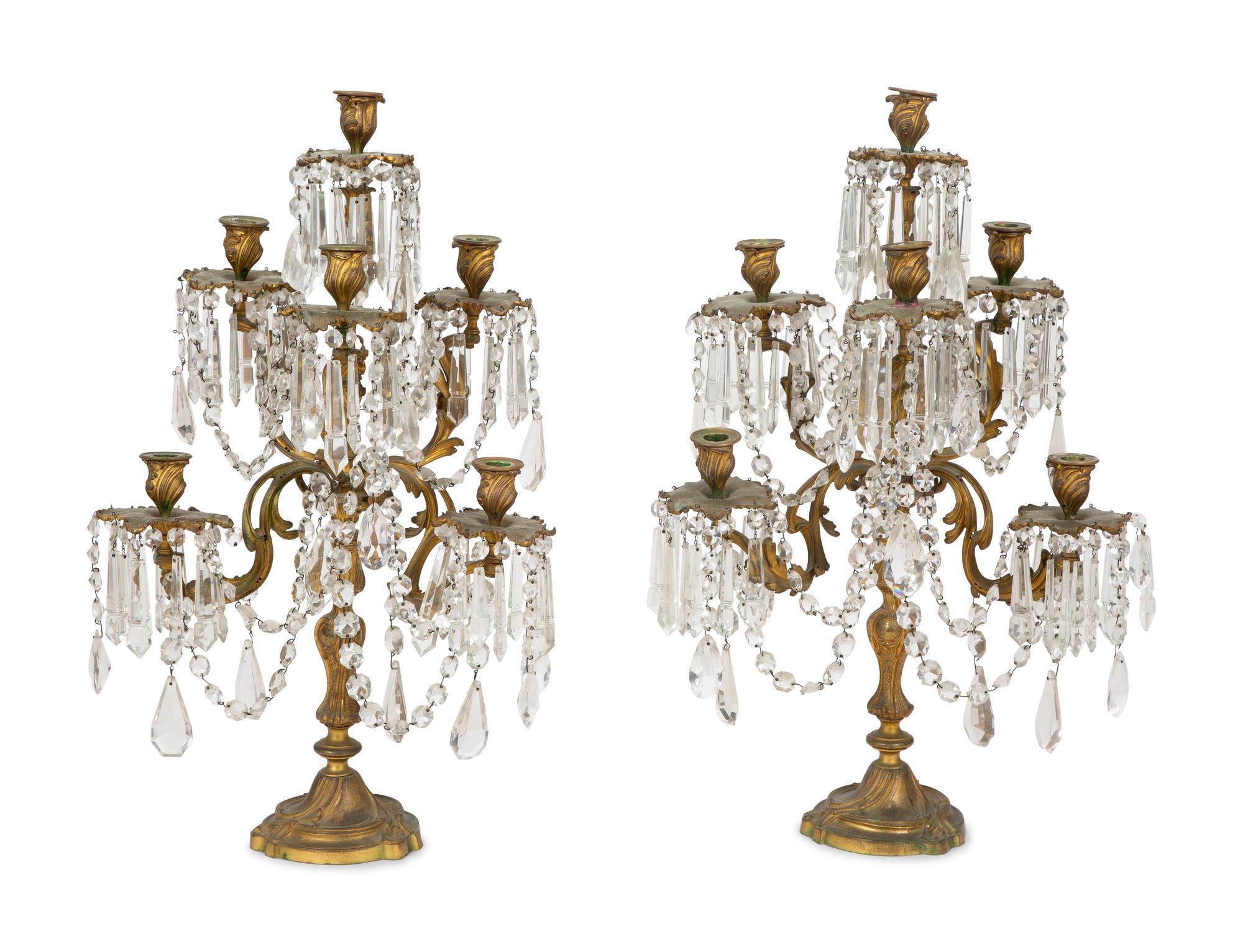 A Pair of Rococo Style Gilt Bronze and Cut Glass Swag Three-Light Candelabra — 20TH CENTURY
