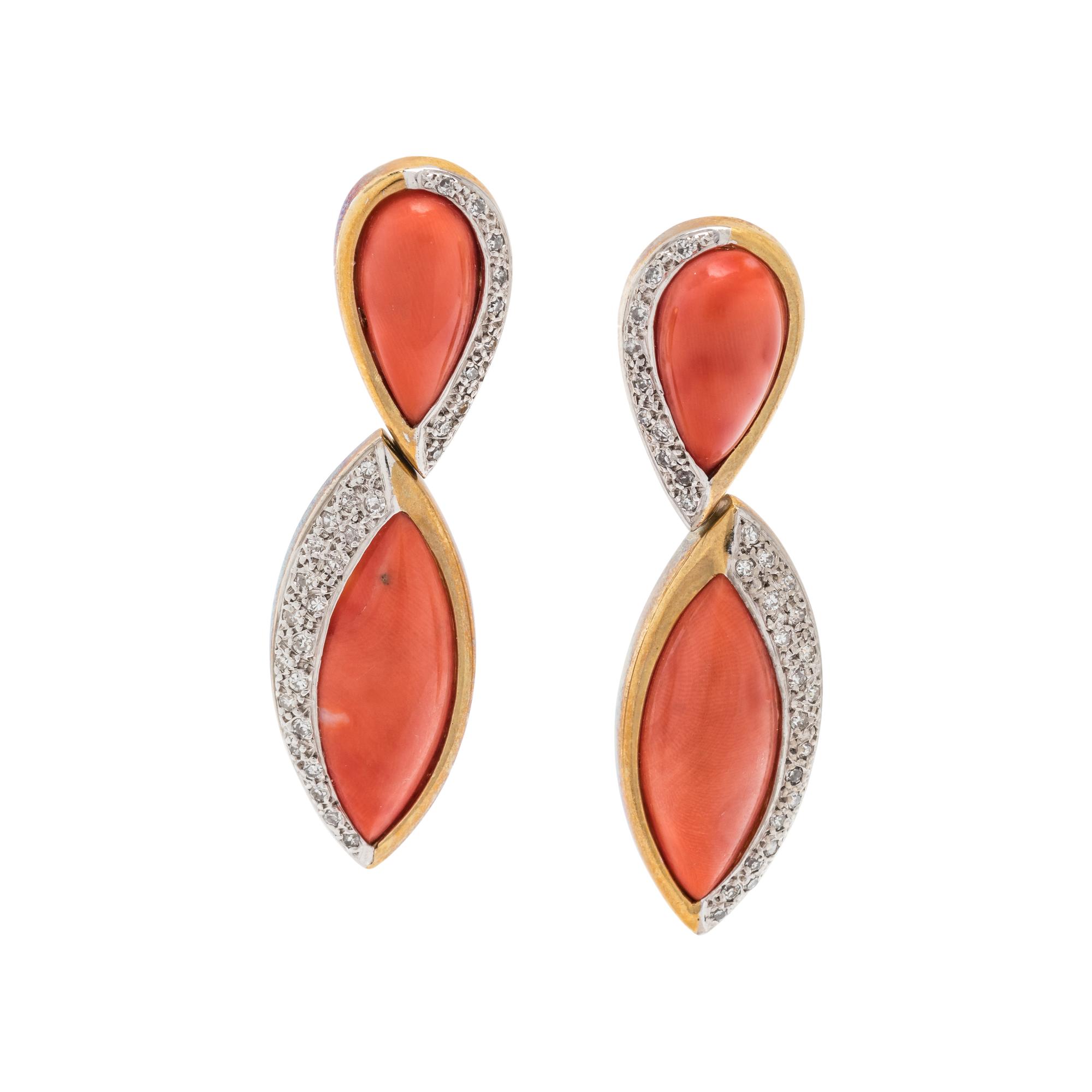 BICOLOR GOLD, CORAL AND DIAMOND EARCLIPS