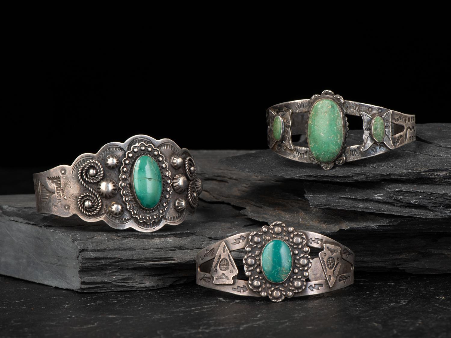 Fred Harvey Era Navajo Sterling Silver and Turquoise Cuff Bracelets