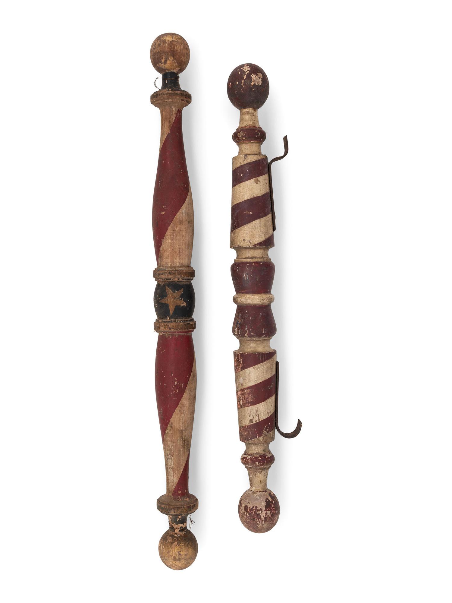 Two Polychrome Paint Decorated Wood Barber Poles