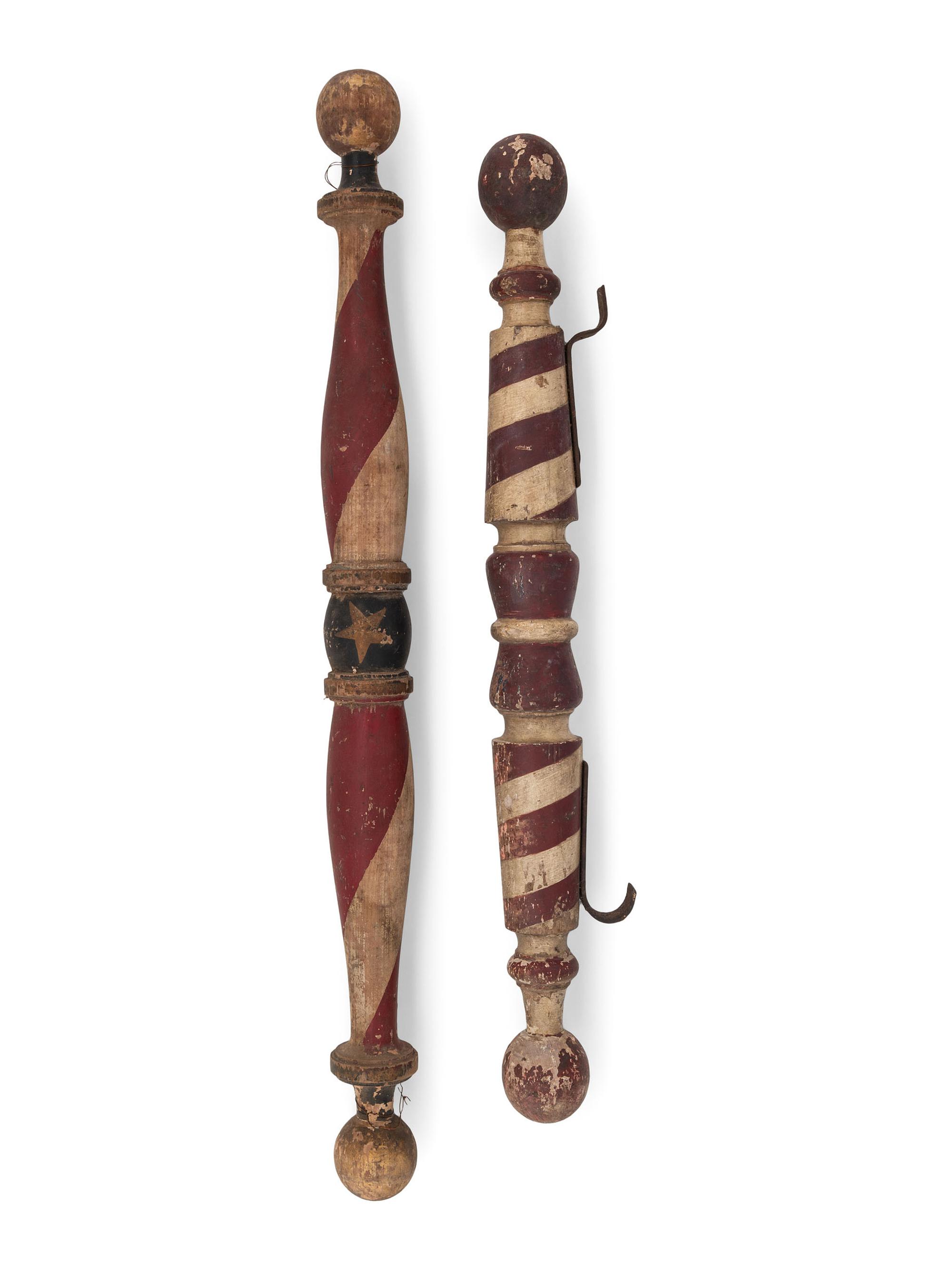 Two Polychrome Paint Decorated Wood Barber Poles
