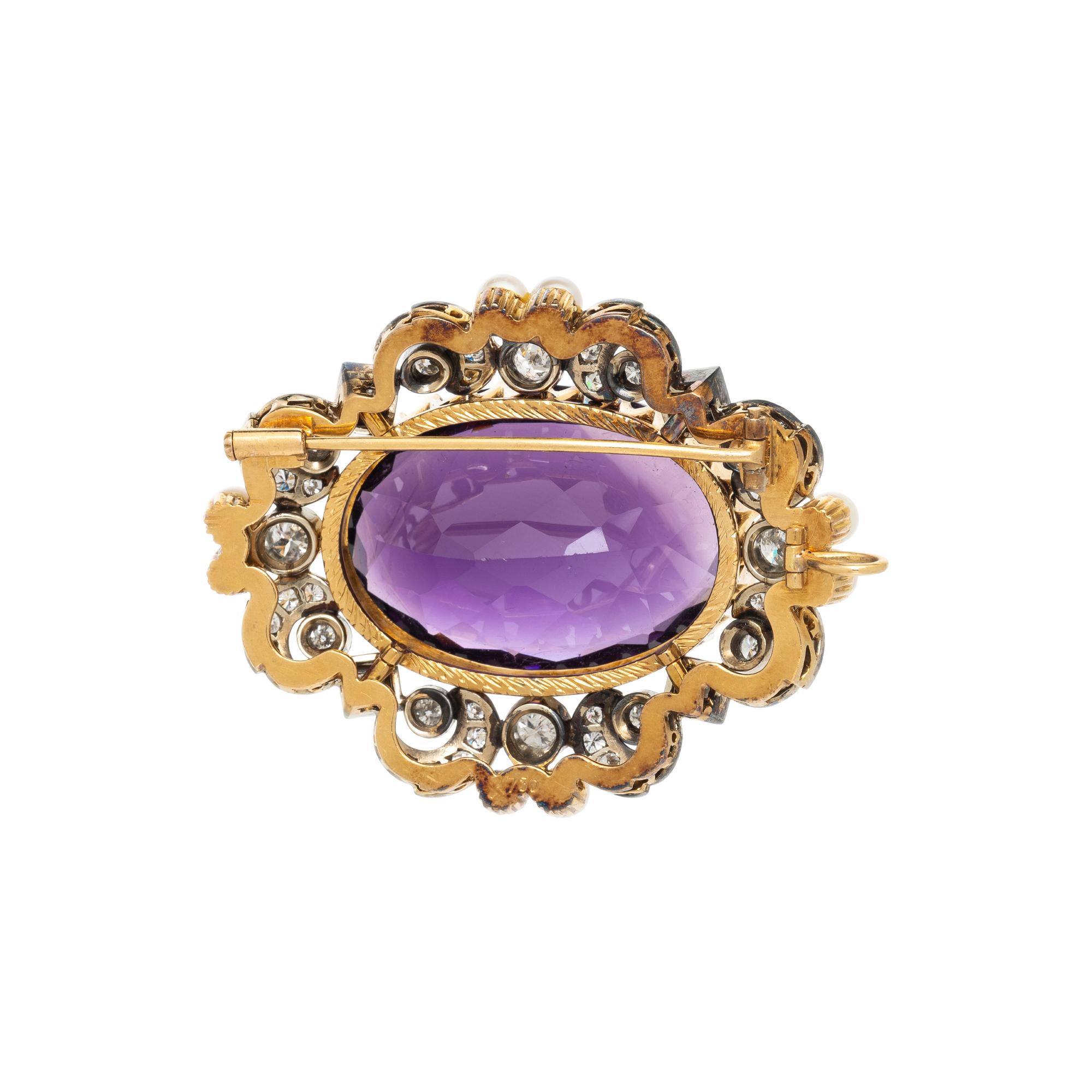 AMETHYST, CULTURED PEARL, AND DIAMOND BROOCH/PENDANT