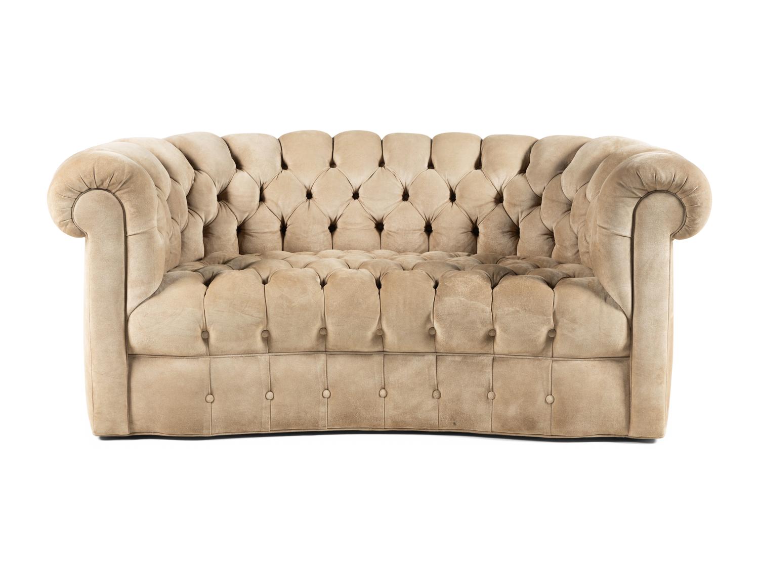 A Contemporary Suede-Upholstered Button-Tufted Chesterfield Sofa