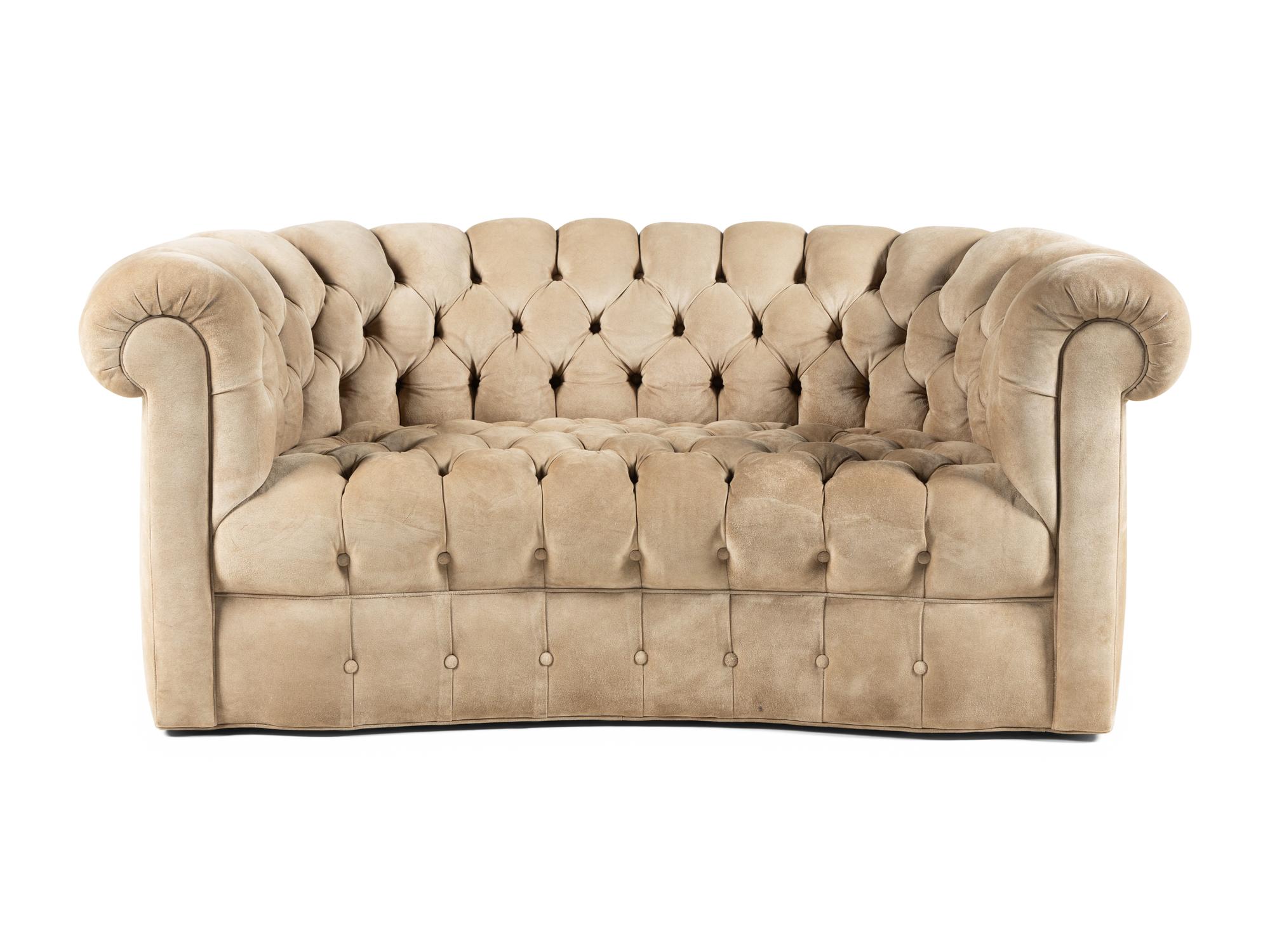 A Contemporary Suede-Upholstered Button-Tufted Chesterfield Sofa