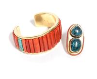 Southwestern Yellow Gold, Coral and Turquoise Cuff Bracelet by Anthony Sanchez Length 5 3/4 x opening 1 1/4 x width 1 5/8 inches.