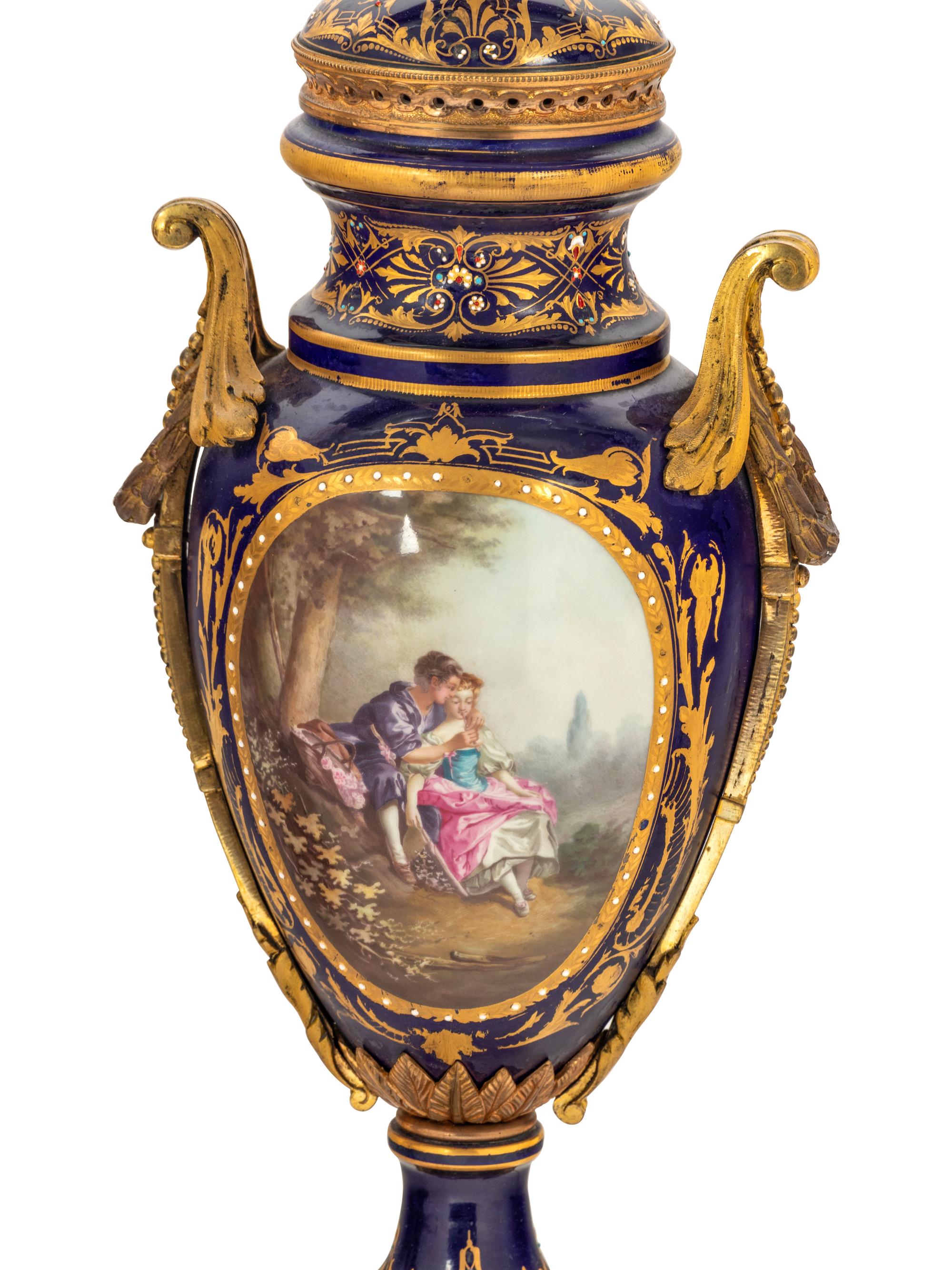 A Pair of Gilt Bronze-Mounted Sèvres Style Porcelain Vases Converted to Lamps