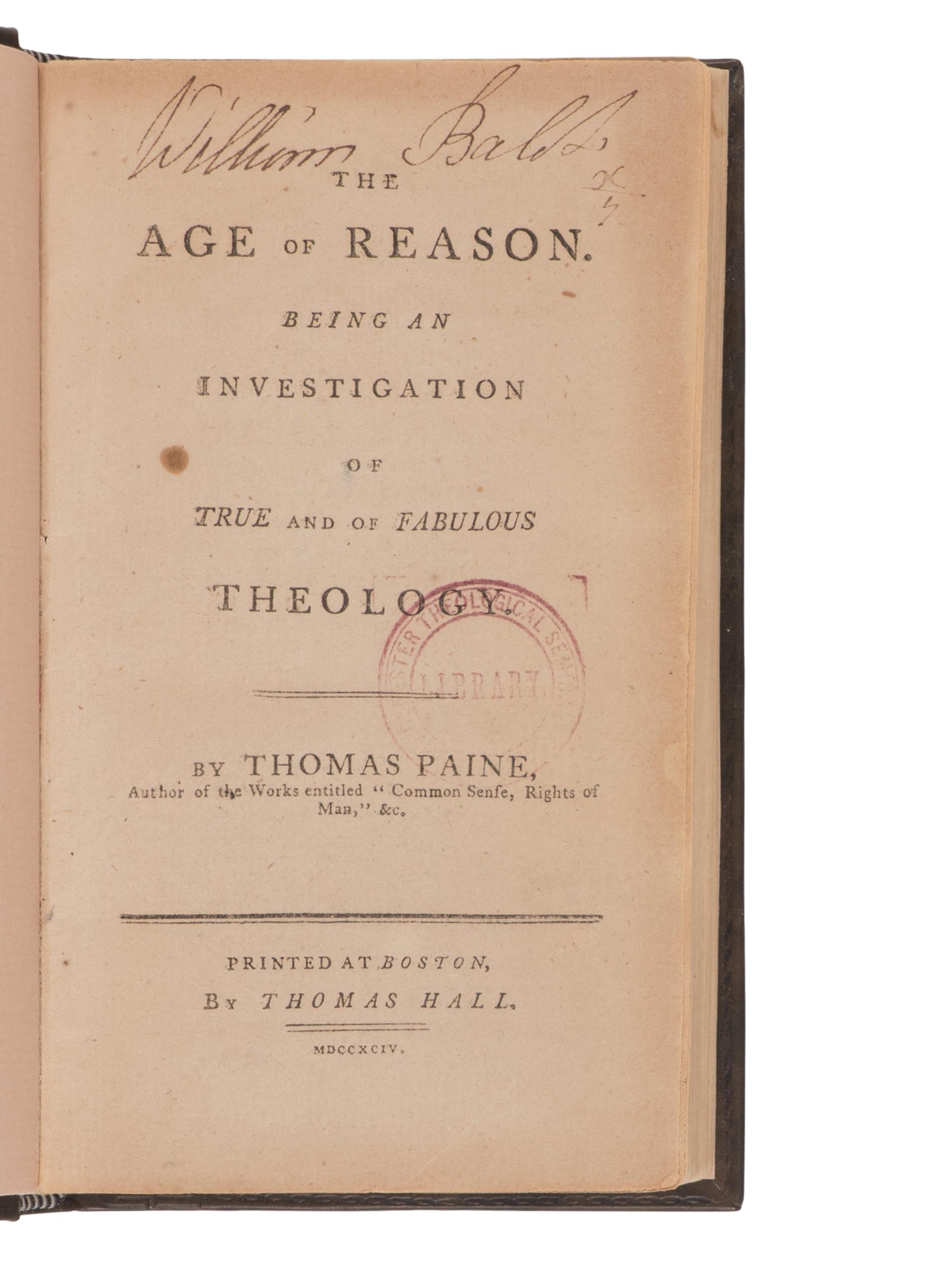 [Americana] Paine, Thomas. The Age of Reason; Being an Investigation of True and of Fabulous Theology
