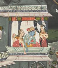 A Painting of Radha and Krishna Celebrating the Tej Festival and A Painting of Radha and Krishna Indoors Facing One Another, Probably Udaipur or Jaipur, India, 20th Century