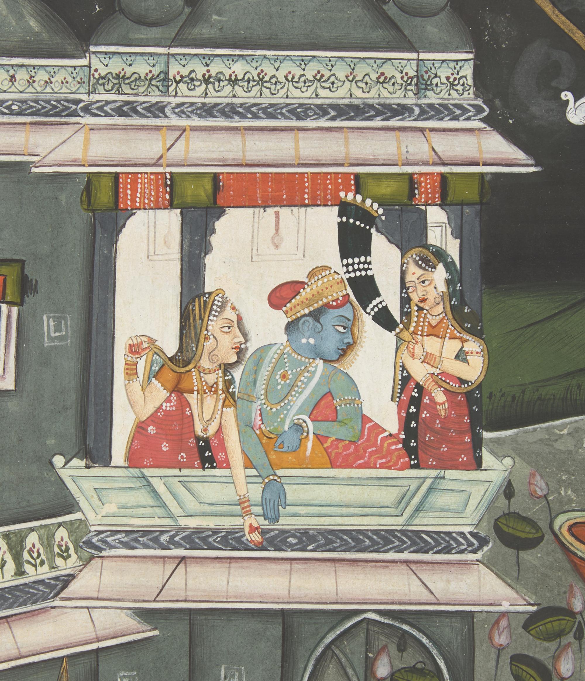 A Painting of Radha and Krishna Celebrating the Tej Festival and A Painting of Radha and Krishna Indoors Facing One Another, Probably Udaipur or Jaipur, India, 20th Century