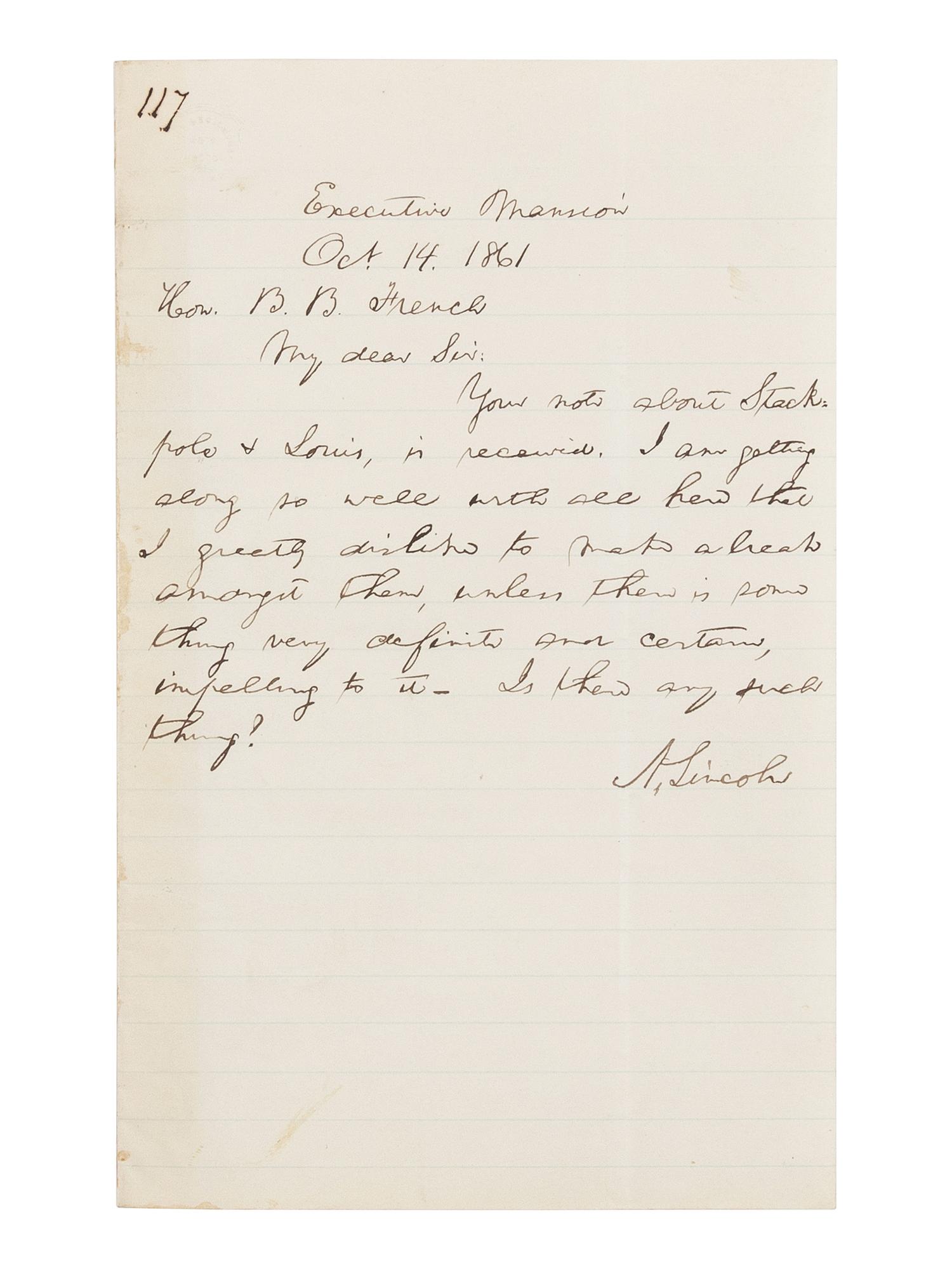LINCOLN, Abraham (1809-1865). Autograph letter signed ("A. Lincoln") to Benjamin Brown French. Executive Mansion, [Washington, D.C.], 14 October 1861.