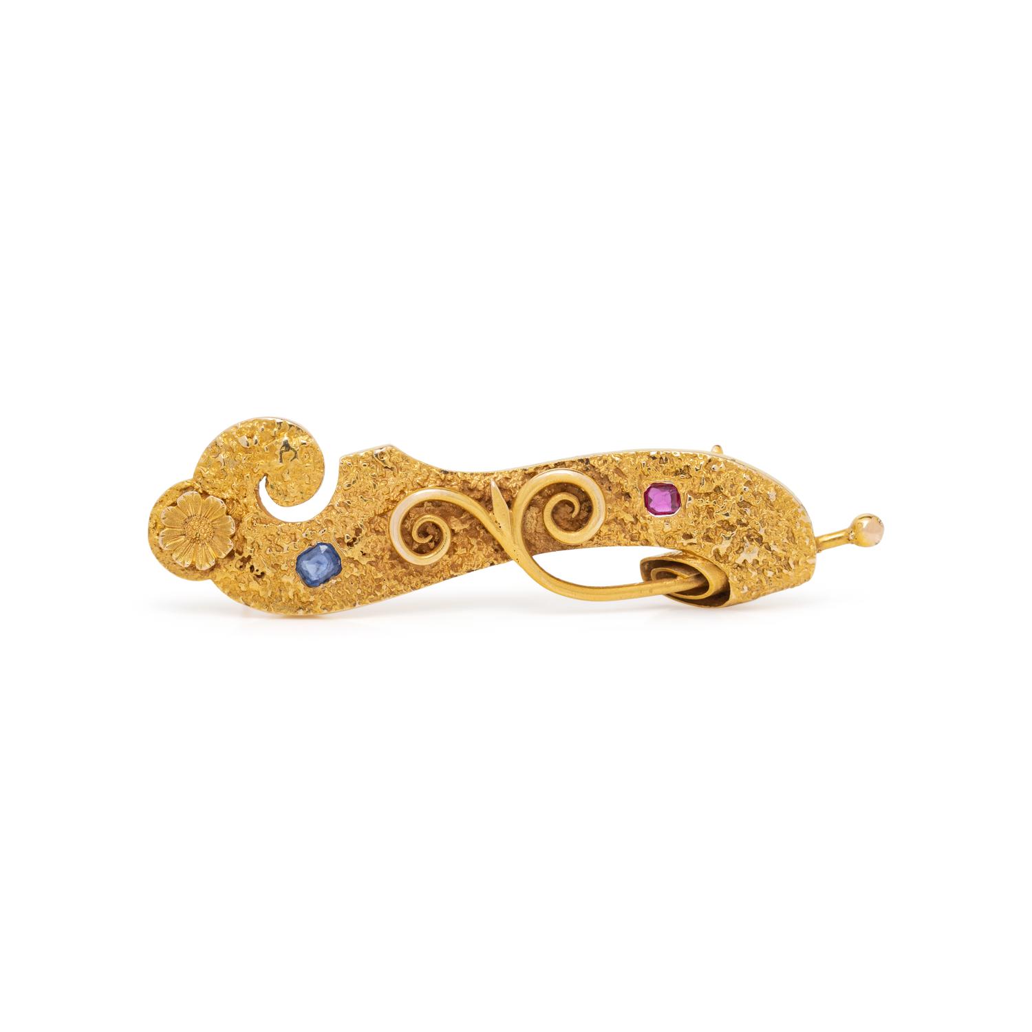 YELLOW GOLD, SAPPHIRE, AND RUBY BROOCH
