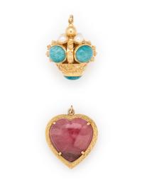 TWO HARDSTONE AND YELLOW GOLD PENDANTS