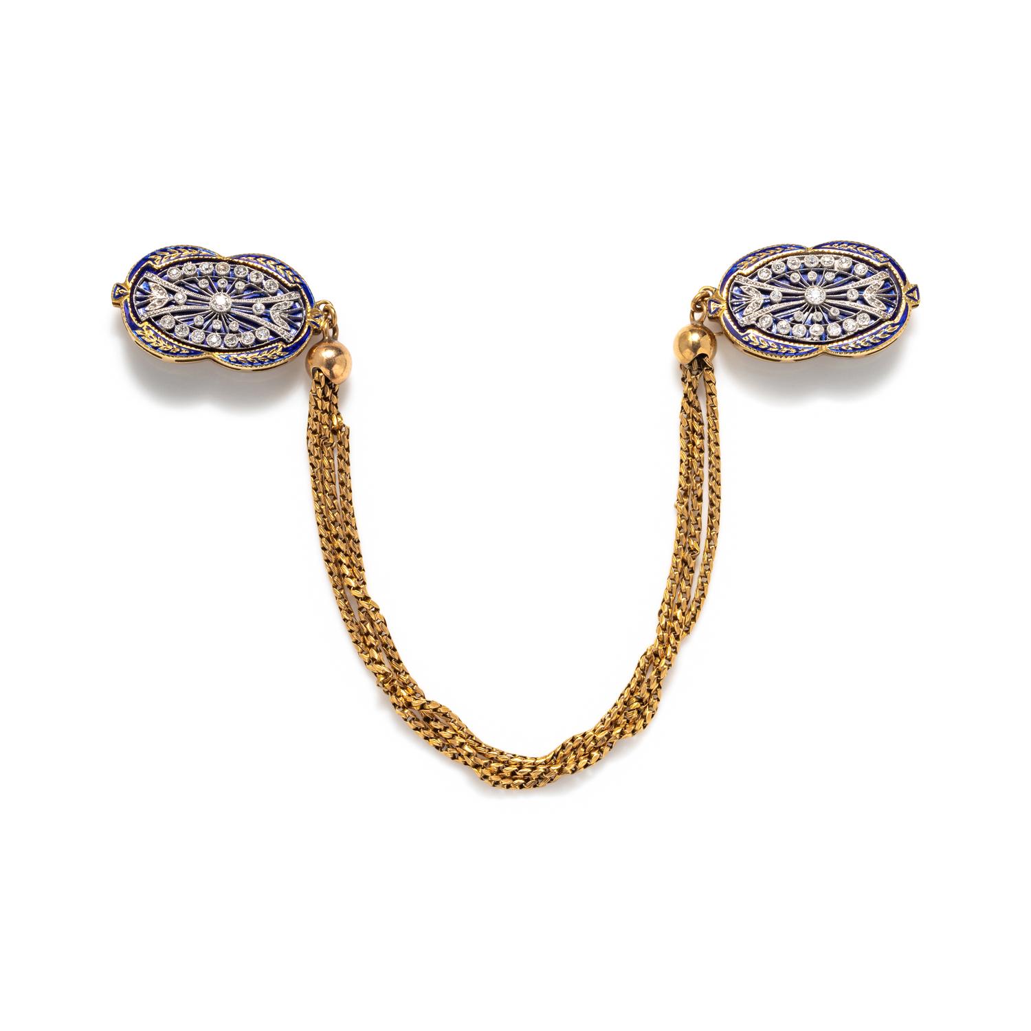 ANTIQUE, ENAMEL AND DIAMOND BANGLE AND CLOAK CLASP