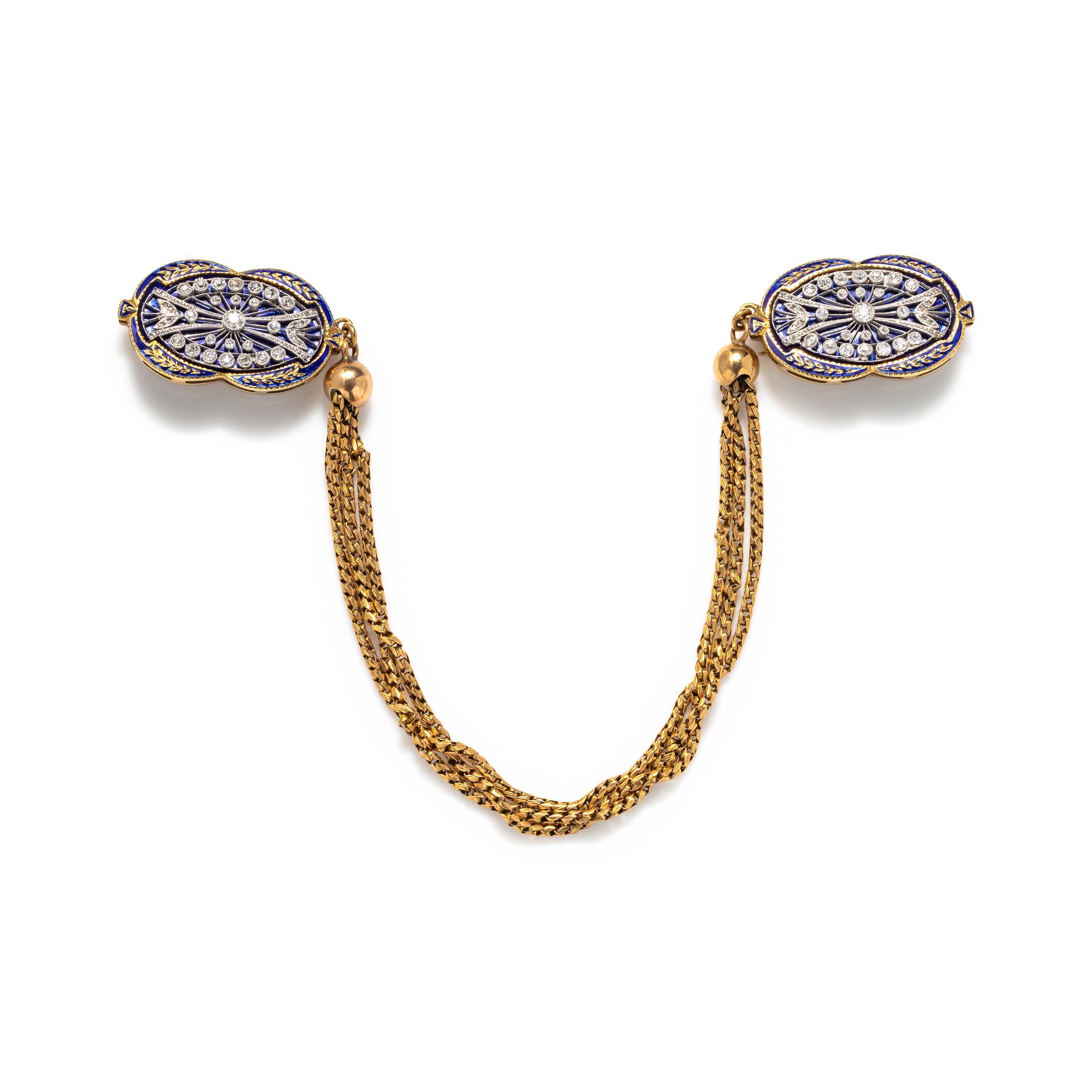 ANTIQUE, ENAMEL AND DIAMOND BANGLE AND CLOAK CLASP