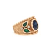 SAPPHIRE, DIAMOND, AND SYNTHETIC EMERALD RING