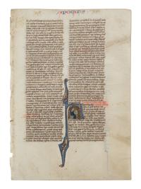 CIRCLE OF WILLIAM DE BRAILES (active Oxford, c. 1230-1260) Leaf from a Bible with a historiated initial ‘A’ depicting Saint John writing the Book of Revelation, in Latin, illuminated manuscript on parchment [England, Oxford, c. 1250–1270]