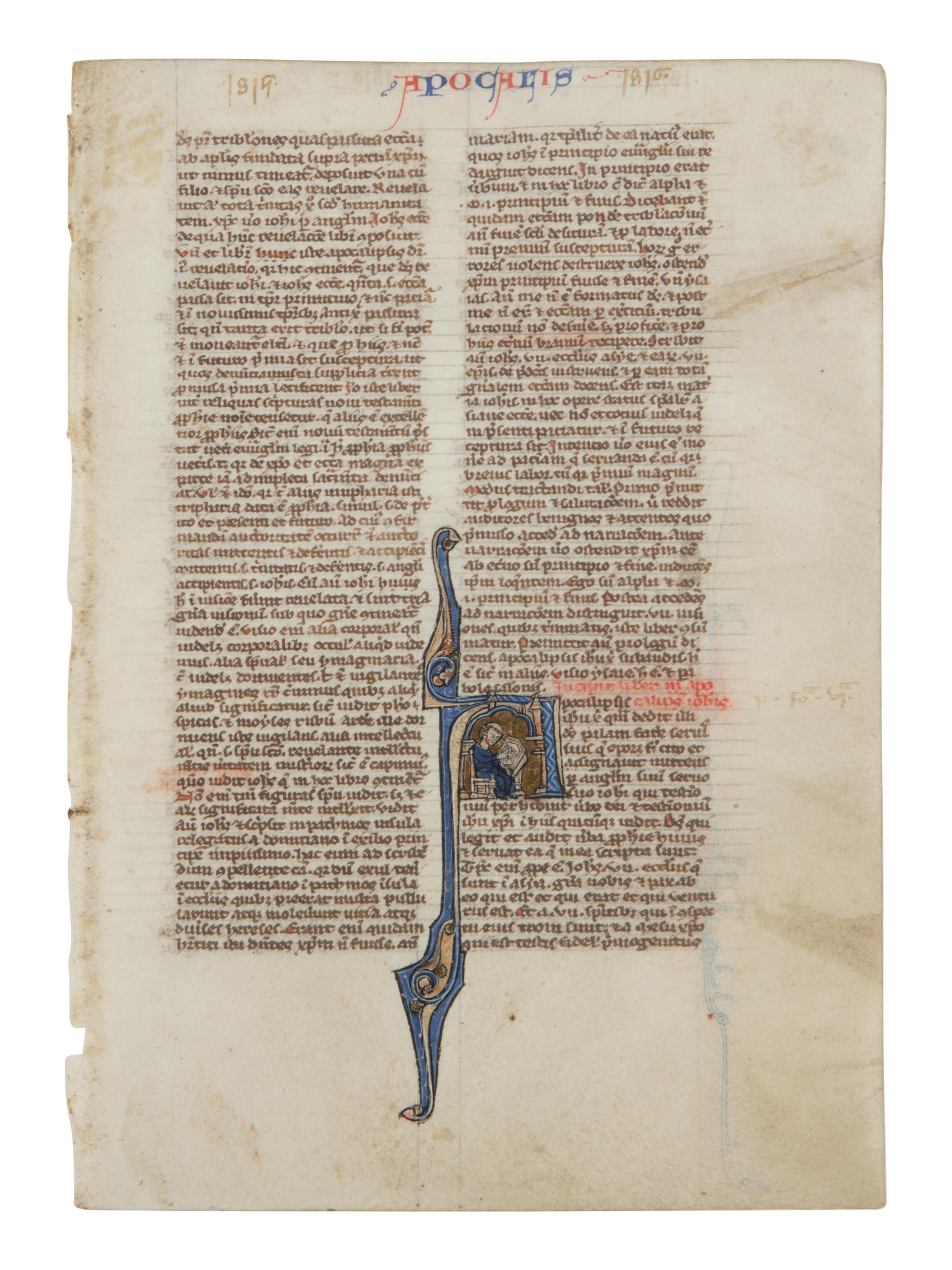 CIRCLE OF WILLIAM DE BRAILES (active Oxford, c. 1230-1260) Leaf from a Bible with a historiated initial ‘A’ depicting Saint John writing the Book of Revelation, in Latin, illuminated manuscript on parchment [England, Oxford, c. 1250–1270]