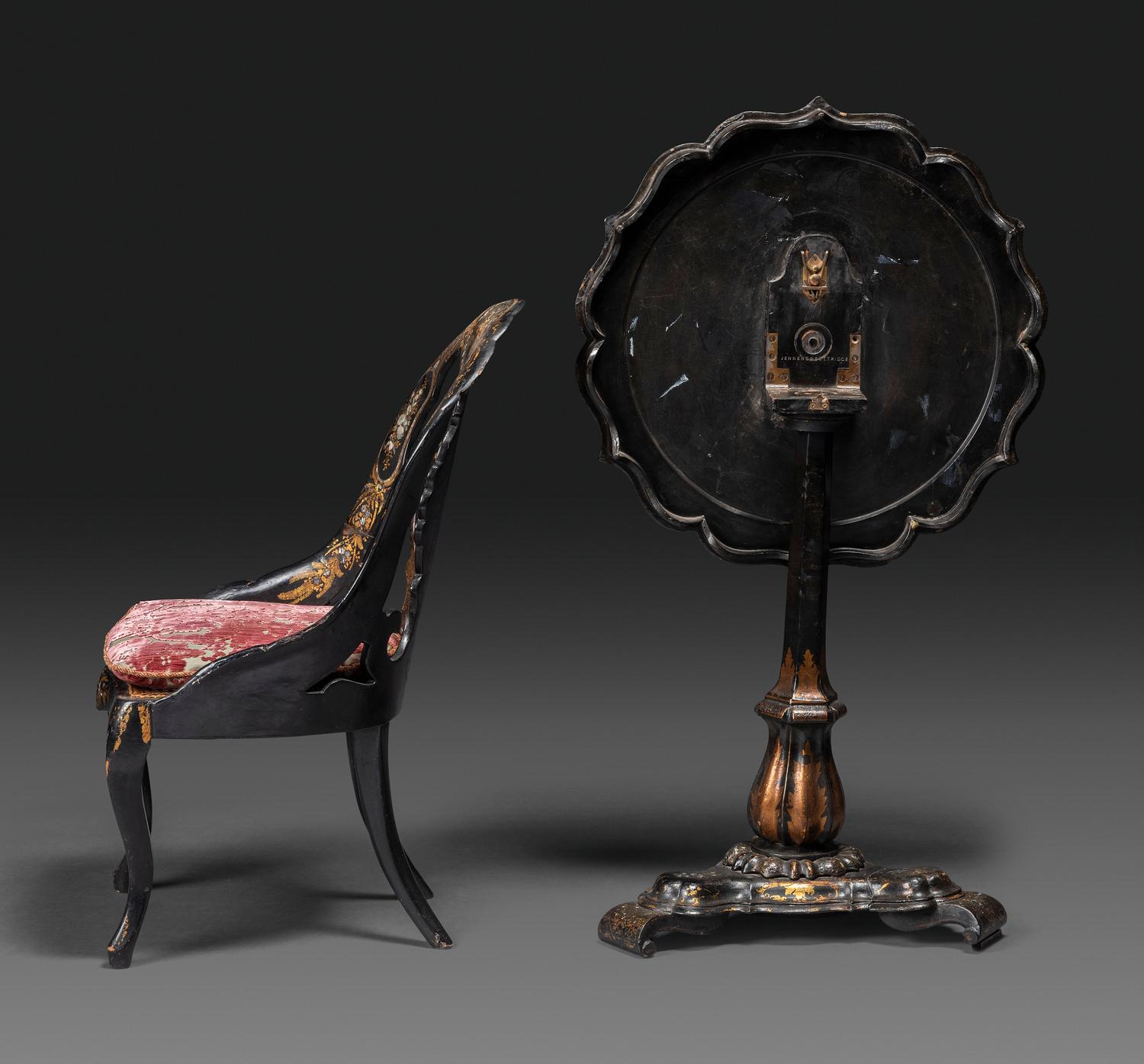 A Victorian Parcel-Gilt and Black Lacquered Mother-of-Pearl Inlaid Side Table and Side Chair