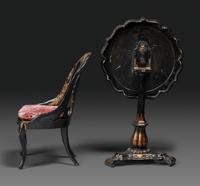 A Victorian Parcel-Gilt and Black Lacquered Mother-of-Pearl Inlaid Side Table and Side Chair