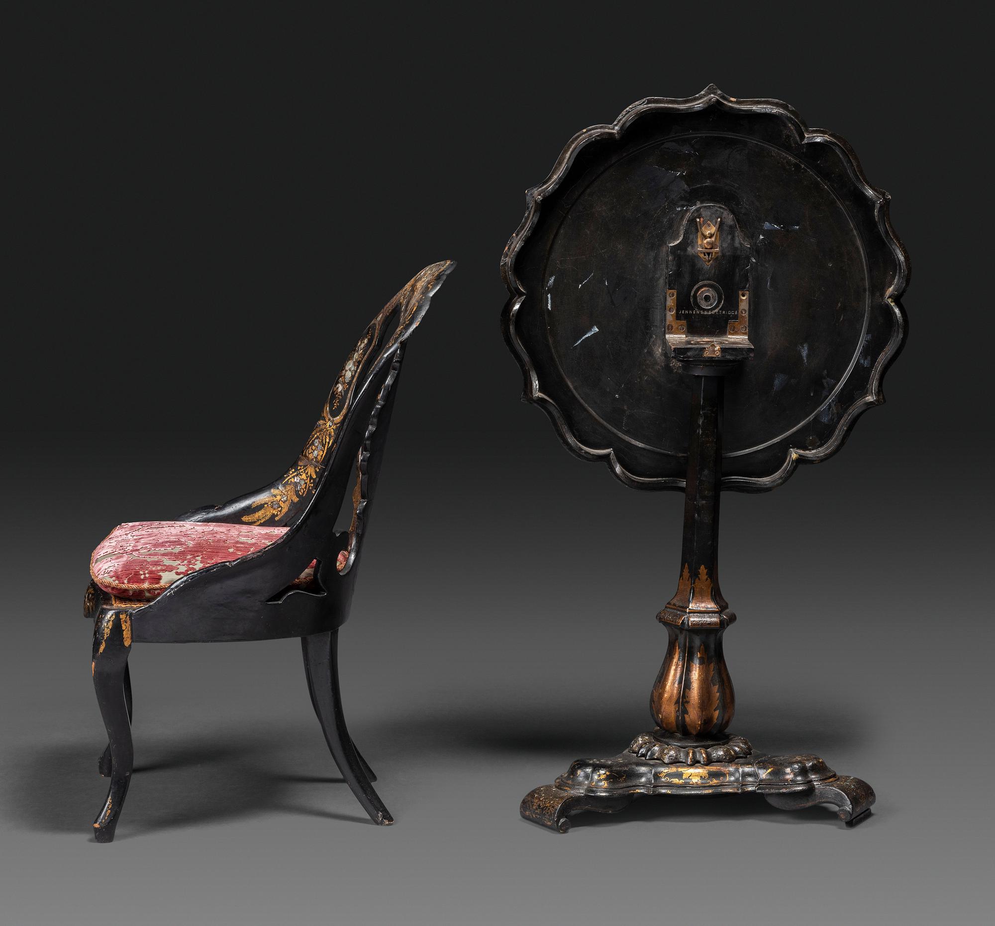 A Victorian Parcel-Gilt and Black Lacquered Mother-of-Pearl Inlaid Side Table and Side Chair