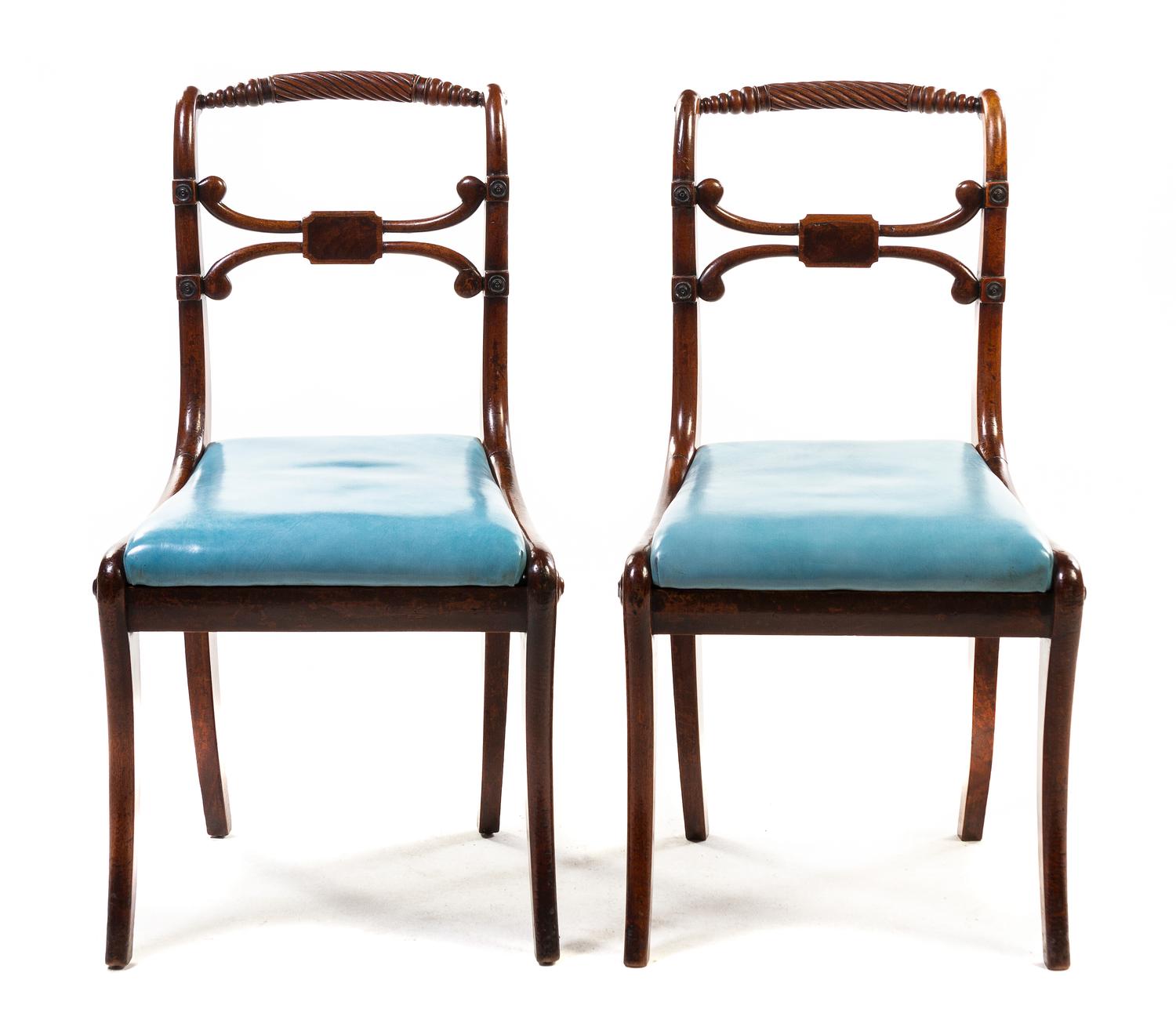 A Pair of Regency Mahogany Side Chairs, Height 34 1/2 inches.