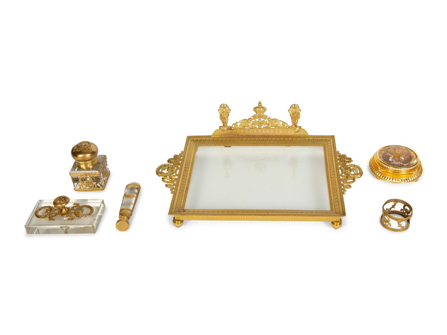 A Group of Five Gilt Bronze and Glass Desk Articles and a Faberge Imperial Paperweight — 19th/20th Century