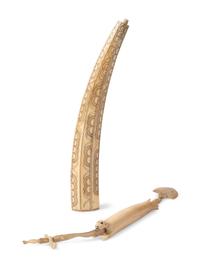 Inupiat Decorated Walrus Ivory Pipe and Sewing Kit