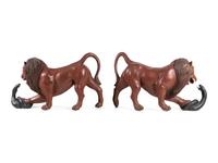 A Pair of Carved and Painted Wood Lions Wrestling Serpents