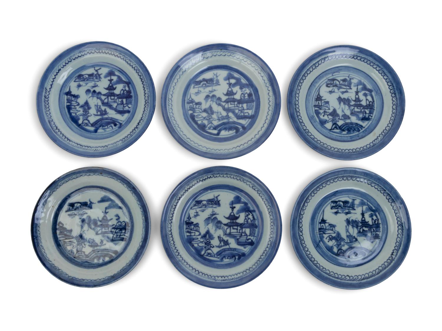 A Set of Six Canton Export Blue and White Porcelain Plates