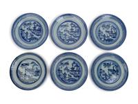 A Set of Six Canton Export Blue and White Porcelain Plates