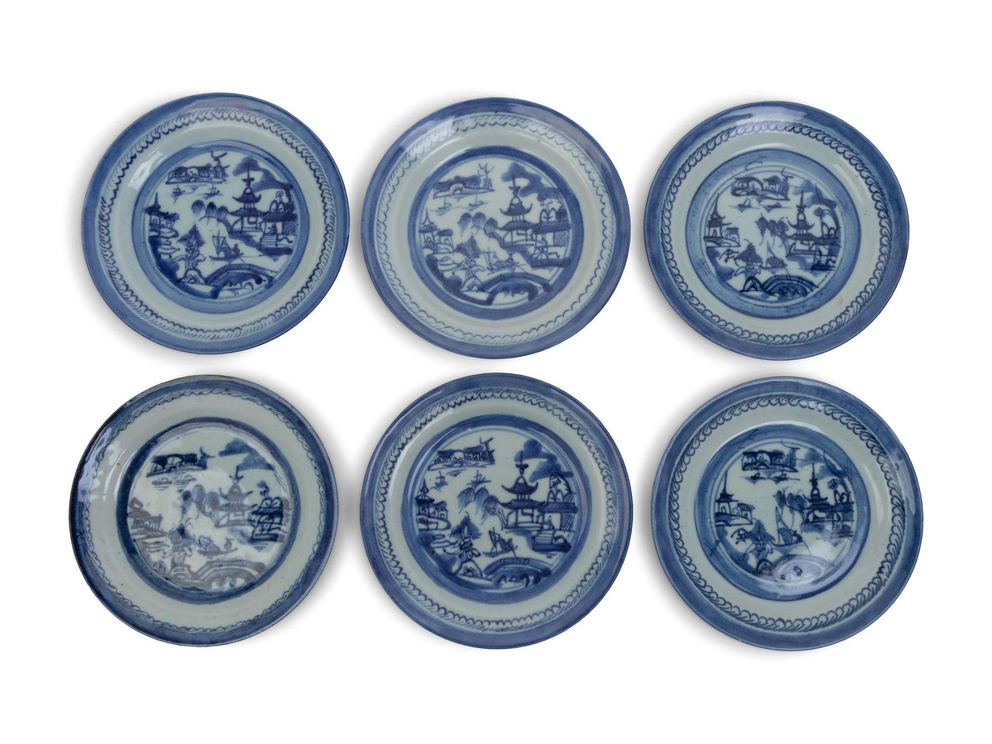 A Set of Six Canton Export Blue and White Porcelain Plates